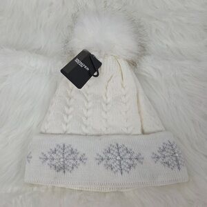 Winter Wear Cozy White Knit Pom-Pom Beanie with Snowflakes and Pearls